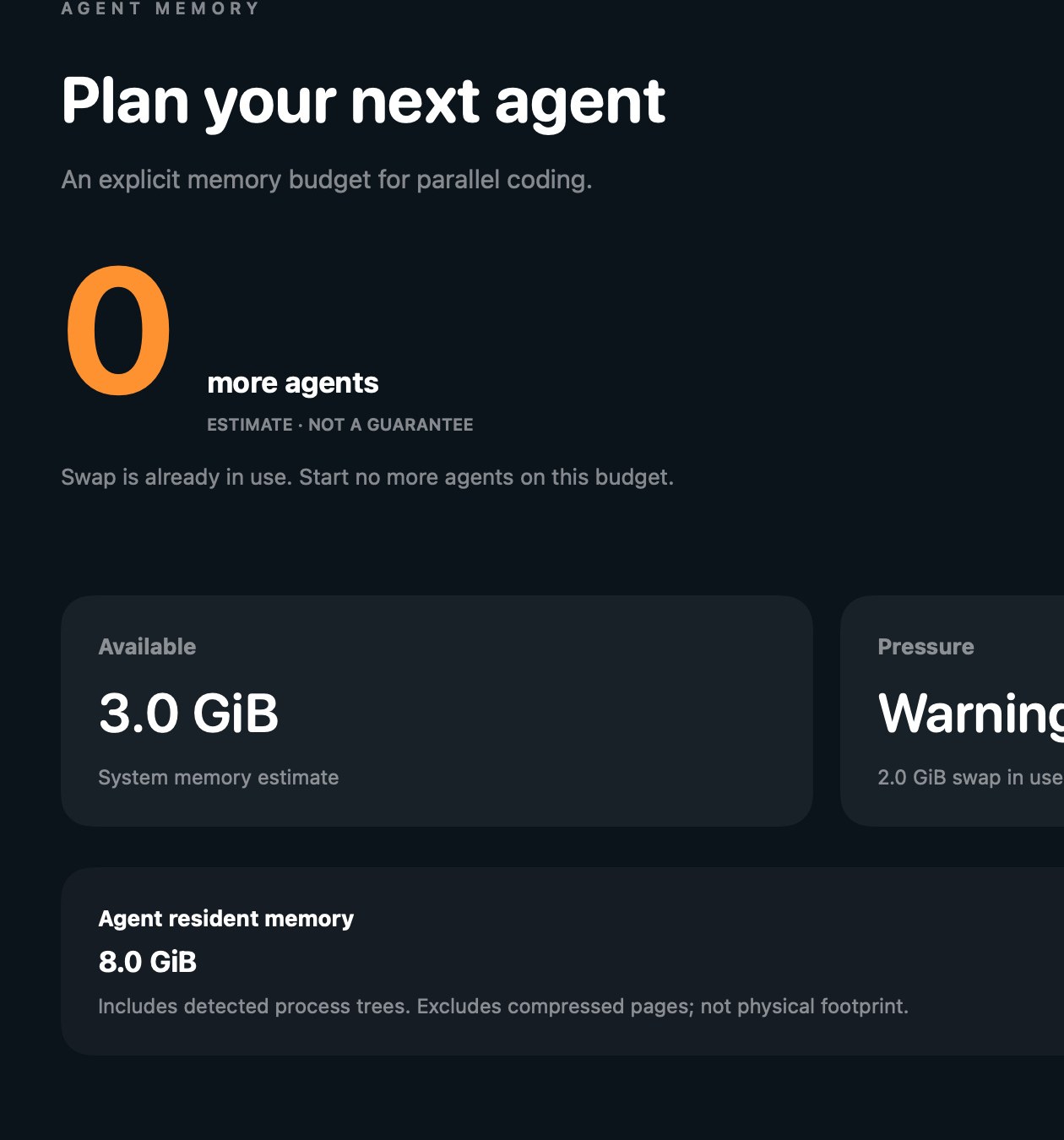 Under pressure, Sample mode shows swap use and no room for more agents.