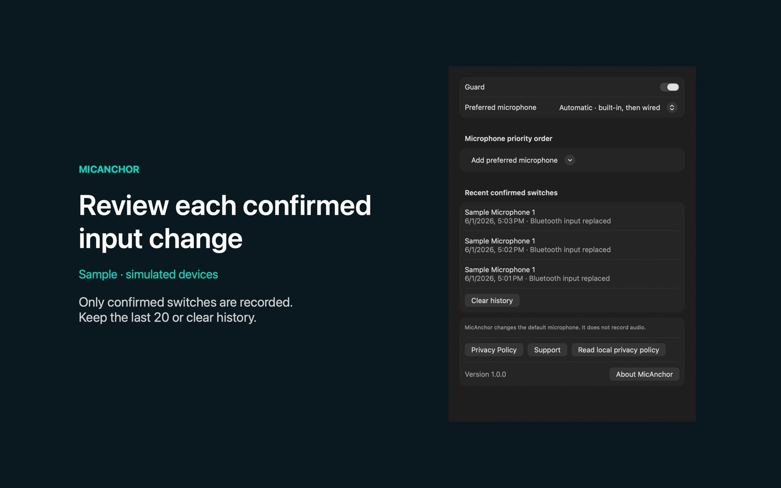 Sample switch history shows confirmed input changes and their times.