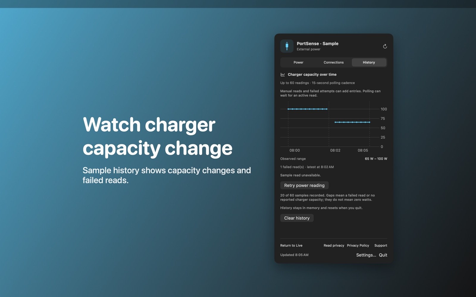 Sample charger history shows a capacity change and a failed-read gap.