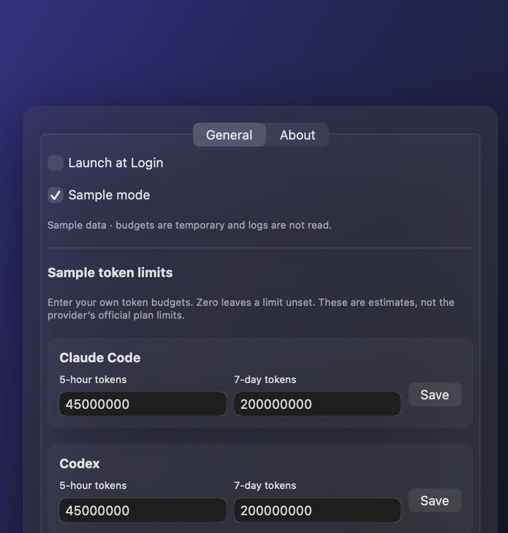 Settings for sample Claude Code and Codex token budgets.