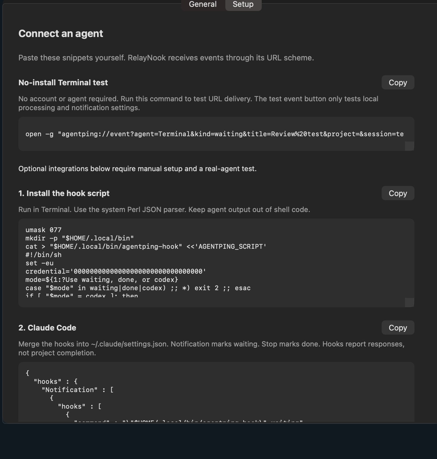 Notification settings show event kinds, sound, and token controls.