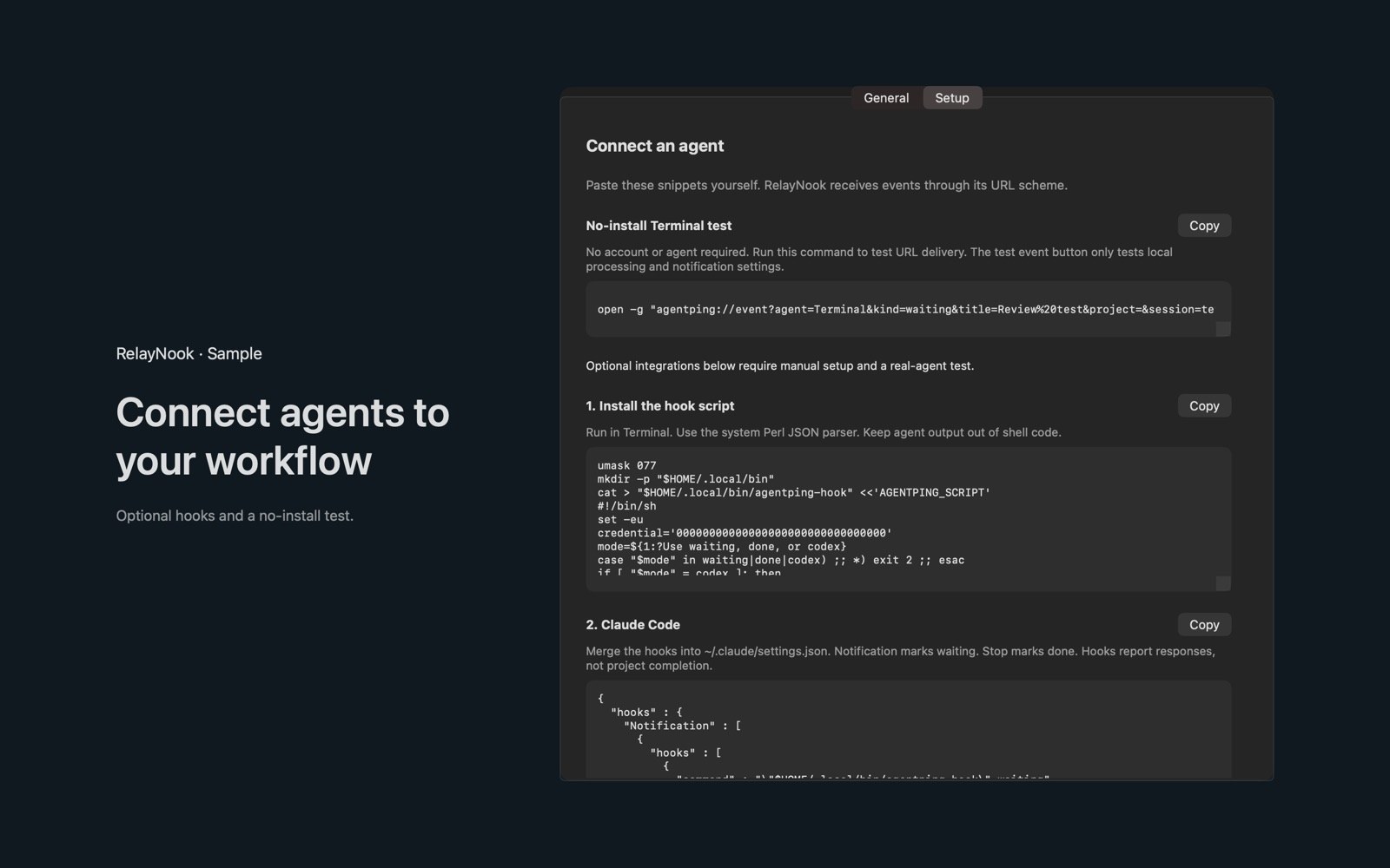 Setup shows a Terminal test and agent hook snippets to copy.